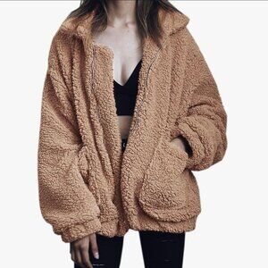 ECOWISH Sherpa Teddy Zip Jacket in Camel Brown